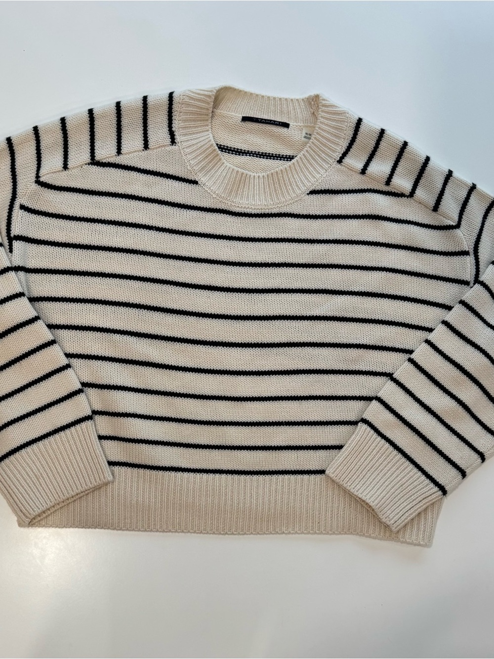 T Tahari Cream and Black Striped Crewneck Sweater